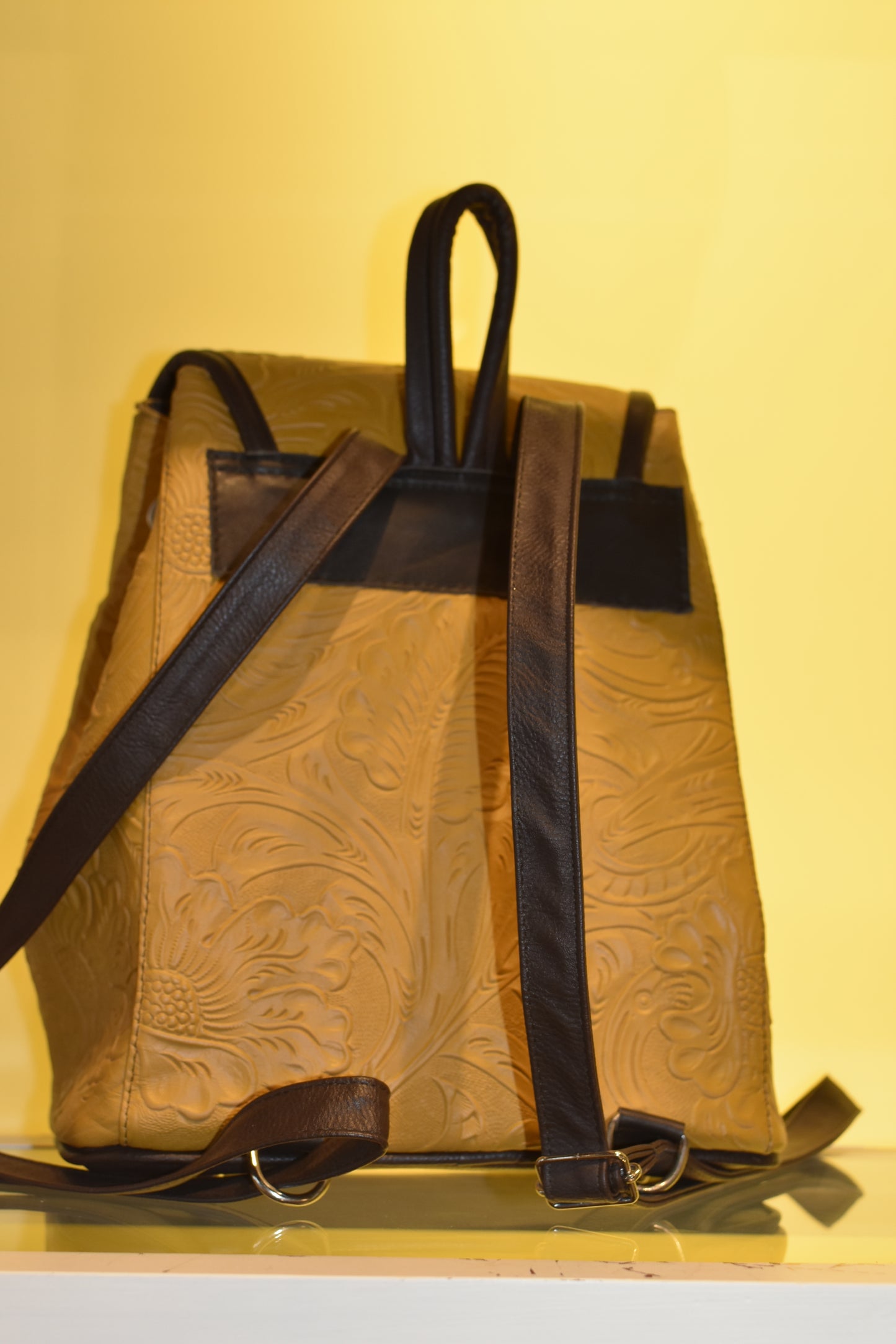 Engraved Mustard Leather Backpack