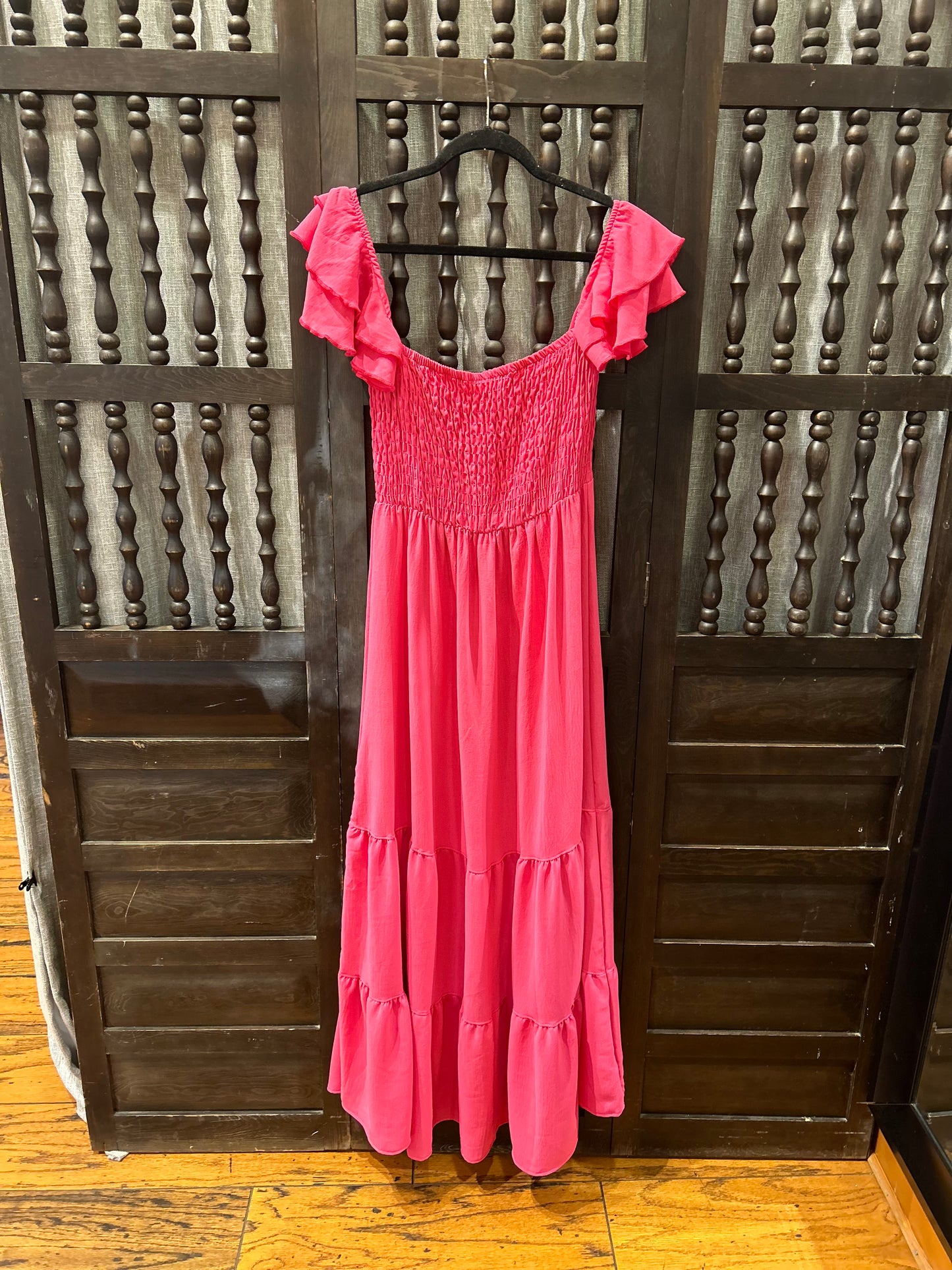Solid Flared Sleeve Long Tiered Dress Hot Pink