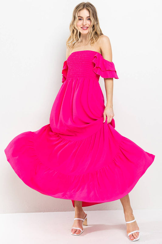 Solid Flared Sleeve Long Tiered Dress Hot Pink