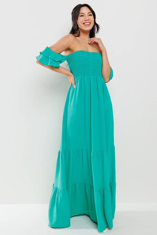 Solid Flared Sleeve Long Tiered Dress Kelly Green