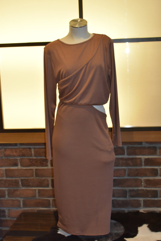 Long Sleeve Fitted Cutout Brown Dress