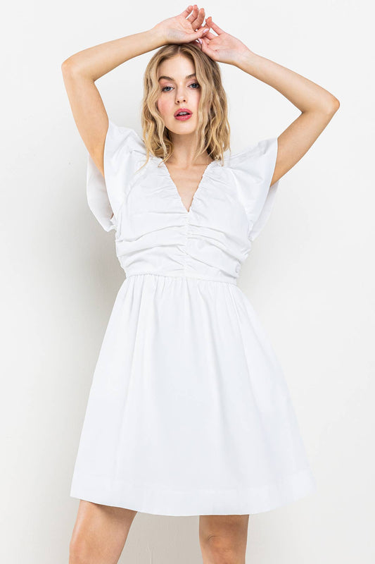 Solid Poplin Shirring Detailed Mini Dress