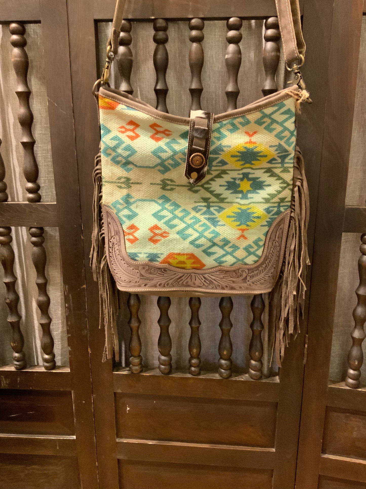Aztec print handbag w/ leather designs and fringe