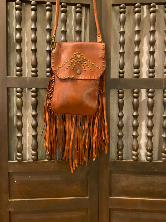 Red-Brown leather fringe crossbody handbag